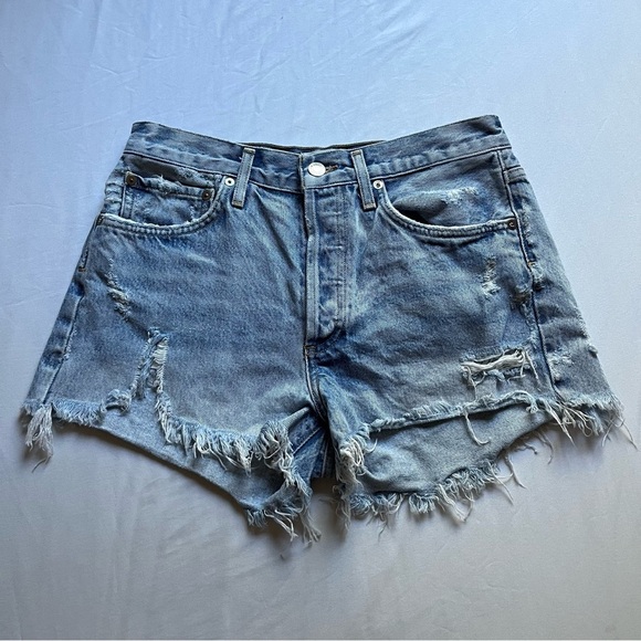AGOLDE blue denim distressed high rise frayed hem jean shorts